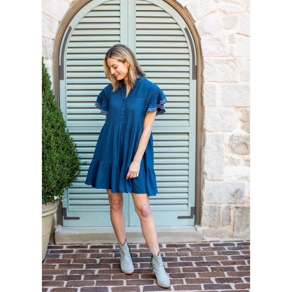 BAYBALA Marine Blue Ruffle Sleeve Gemma Dress XS Coastal Cottage Prairie Modest